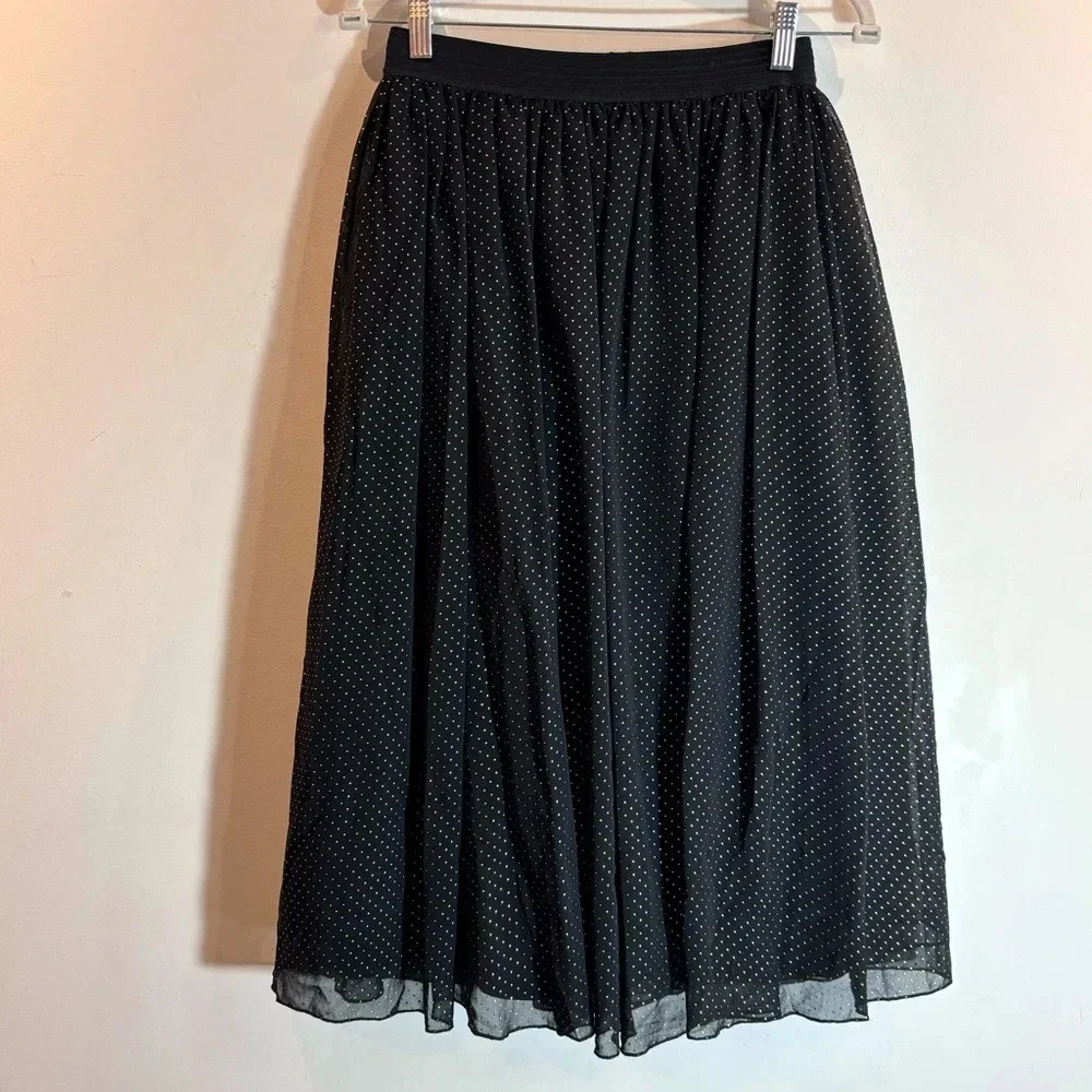 EVER NEW Sz 2 Gathered Elastic Waist Sheer Lined Gold  Polka Dot Midi Skirt NEW - Picture 2 of 12